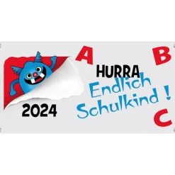 Banner zur Einschulung 100 x 50 cm | Lustiges Monster - Hurra, Endlich Schulkind!