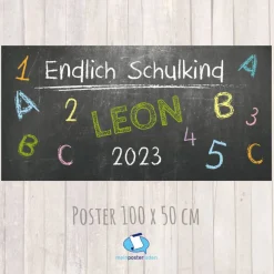 Banner zur Einschulung 100 x 50 cm - personalisierbar | Tafeloptik ABC - Endlich Schulkind