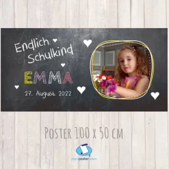 Banner zur Einschulung 100 x 50 cm - mit Foto personalisierbar | Tafeloptik Herzchen