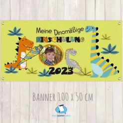Banner zur Einschulung 100 x 50 cm - mit Foto personalisierbar | Meine Dinomäßige Einschulung - grün