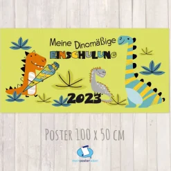Banner zur Einschulung 100 x 50 cm - mit Foto personalisierbar | Meine Dinomäßige Einschulung - grün