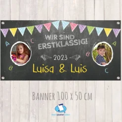 Banner zur Einschulung - Zwillinge - 100 x 50 cm - mit Foto personalisierbar | Tafeloptik - Wir sind erstklassig