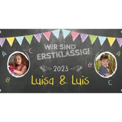 Banner zur Einschulung - Zwillinge - 100 x 50 cm - mit Foto personalisierbar | Tafeloptik - Wir sind erstklassig