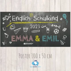 Banner zur Einschulung - Zwillinge - 100 x 50 cm  | Tafeloptik - Endlich Schulkind