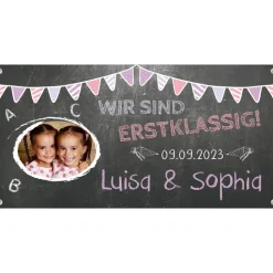 Banner zur Einschulung - Zwillinge - 100 x 50 cm - mit Foto personalisierbar | Tafeloptik - rosa Wimpel