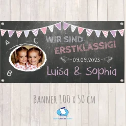 Banner zur Einschulung - Zwillinge - 100 x 50 cm - mit Foto personalisierbar | Tafeloptik - rosa Wimpel