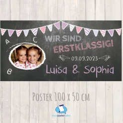 Banner zur Einschulung - Zwillinge - 100 x 50 cm - mit Foto personalisierbar | Tafeloptik - rosa Wimpel