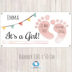 Banner zur Geburt - Babyparty 100 x 50 cm | Its a Girl - Baby Fußabdruck - rosa