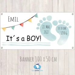 Banner zur Geburt - Babyparty 100 x 50 cm | Its a boy - Baby Fußabdruck - aquablau