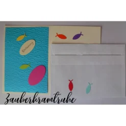 Bastelset Einladungskarten für Taufe, Kommunion oder Konfirmation Regenbogenfische im Meer