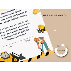 Bauarbeiter Zertifikat für Kindergeburtstag - Personalisiertes Baustellenparty Zubehör | Bagger, Handwerker, Radlader,