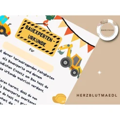 Bauarbeiter Zertifikat für Kindergeburtstag - Personalisiertes Baustellenparty Zubehör | Bagger, Handwerker, Radlader,
