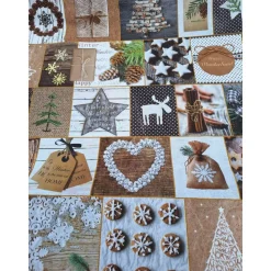 Baumwollstoff mit Weihnachtsmotiven, Weihnachtsstoff, Breite 1,40 m, Meterware, braun, beige, wieß, grün