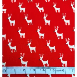 Baumwollstoff, rot, Rentier red nose, natur,Weihnachtsstoff, Meterware, Winterstoff, Breite 1,40 m, 100% Baumwolle