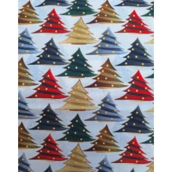 Baumwollstoff, Weihnachtsstoff, Tannenbäume mit Kugeln, 0,5x1,40m, Meterware, natur, rot, grün, braun, rauchblau