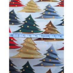 Baumwollstoff, Weihnachtsstoff, Tannenbäume mit Kugeln, 0,5x1,40m, Meterware, natur, rot, grün, braun, rauchblau