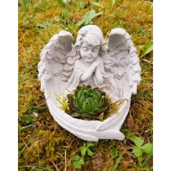 Bepflanzter Engel aus Beton Grabschmuck Trauer Grabgesteck Grabengel Engel