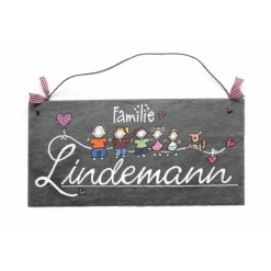 besonderes Geburtstagsgeschenk, Türschild Familie aus Schiefer mit Name und Figuren personalisiert, Geschenk für das Zuhause, wetterfest, einmalig, dekorativ, außergewöhnlich
