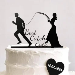 Best Catch Ever - Acryl Cake Topper Figuren für Hochzeitstorte | Schwarz Angel Topper | Lustiger Tortenstecker Hochzeit