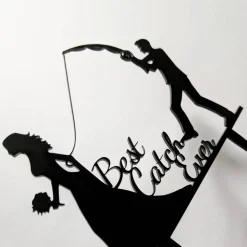 Best Catch Ever - Acryl Cake Topper Figuren für Hochzeitstorte | Schwarz Angel Topper | Lustiger Tortenstecker Hochzeit