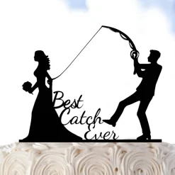 Best Catch Ever - Acryl Cake Topper Figuren für Hochzeitstorte | Schwarz Angel Topper | Lustiger Tortenstecker Hochzeit