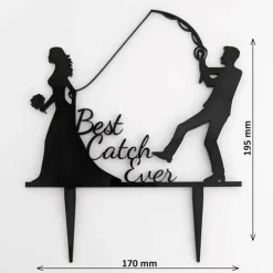 Best Catch Ever - Acryl Cake Topper Figuren für Hochzeitstorte | Schwarz Angel Topper | Lustiger Tortenstecker Hochzeit