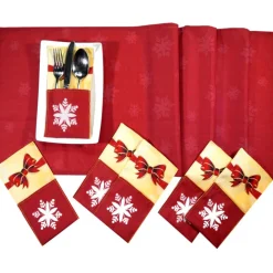 Bestecktaschen 6 Stück & Tischläufer Schneeflocken Schleife – Tischset Weihnachten Deko