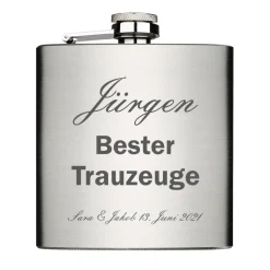 Bester Trauzeuge Trauzeugin personalisiert Flachmann Chrome Brushed aus Edelstahl 6oz mit Lasergravur