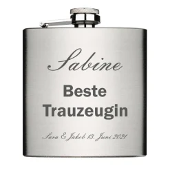 Bester Trauzeuge Trauzeugin personalisiert Flachmann Chrome Brushed aus Edelstahl 6oz mit Lasergravur