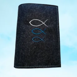 bestickte Hülle für das Gottes - Lob, blau-meliert, hochwertiger Filz