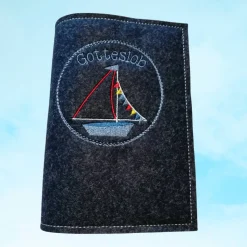 bestickte Hülle für das Gottes - Lob, blau-meliert, hochwertiger Filz