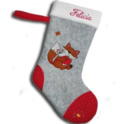 Bestickter grauer Nikolausstiefel Stickmotiv Fuchs personalisierter Weihnachtsstiefel mit Namen flauschige Krempe