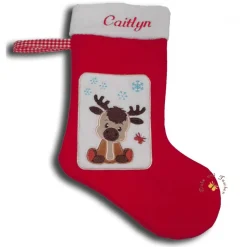 Bestickter roter Nikolausstiefel Applikation Rentier personalisierter Weihnachtsstiefel mit Namen flauschige Krempe