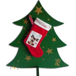 Bestickter roter Nikolausstiefel Applikation Rentier personalisierter Weihnachtsstiefel mit Namen flauschige Krempe