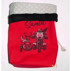 Bestickter Weihnachtsbeutel Motorrad-Santa personalisierter Nikolausbeutel weihnachtlicher Wunschname flauschige Krempe