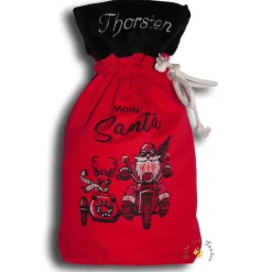 Bestickter Weihnachtsbeutel Motorrad-Santa personalisierter Nikolausbeutel weihnachtlicher Wunschname flauschige Krempe