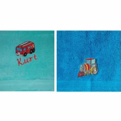 Besticktes Kinderhandtuch mit Fahrzeugen Wunschnamen Kita Erkennungsbilder Kindertagesstätte Tagesmutter Kindergarten