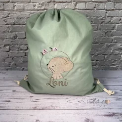 Beutel bestickt mit Maus, Marienkäfer und Wunschnamen I personalisierter Kita Beutel I Kindergartentasche mit Name
