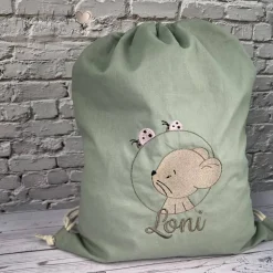 Beutel bestickt mit Maus, Marienkäfer und Wunschnamen I personalisierter Kita Beutel I Kindergartentasche mit Name