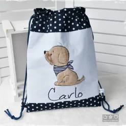 Beutel-/Rucksack blau mit Hund und Wunschname