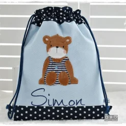 Beutel-/Rucksack hell-dunkelblau mit Bär und Wunschname