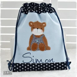Beutel-/Rucksack hell-dunkelblau mit Bär und Wunschname