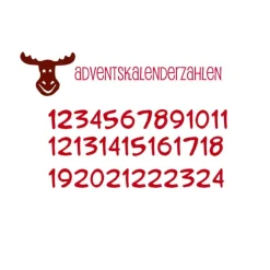 Bügelbild Adventskalenderzahlen 1-24 aus Flockfolie + Elch #3 – Velour Zahlen zum Aufbügeln