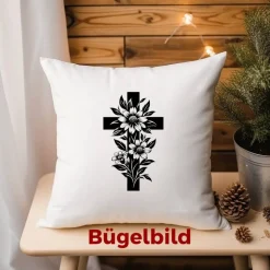 Bügelbild Kreuz  mit Blumen - Applikation zum aufbügeln - Aufbügler - christliches Bügelbild