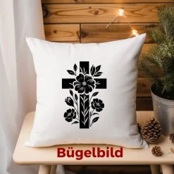 Bügelbild Kreuz mit Blumen  - Applikation zum aufbügeln - Aufbügler - christliches Bügelbild *