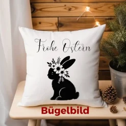Bügelbild Osterhase mit Blümchen in schwarz  zum aufbügeln - Personalisierbares Bügelbild