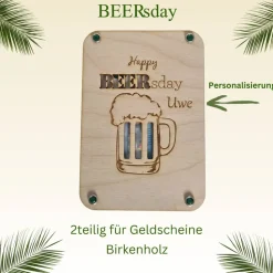 *BIERsday | BEERsday* Geldgeschenkkarte zum Geburtstag aus Birkenholz, personalisierbar