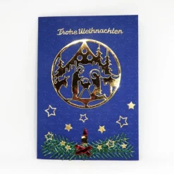 Blaue Weihnachtskarte mit goldfarbener Weihnachtskrippe, Faltkarte mit Umschlag – Unikat für festliche Grüße