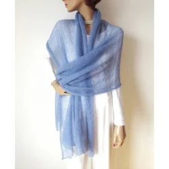 Blaues Tuch mit silberfarbigen Lurex, gestrickte Stola aus Mohair, festlicher Damen Schal helle Farbe
