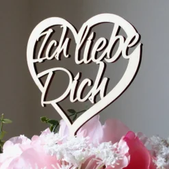 Blumen- / Tortenstecker "Ich liebe Dich!" aus Holz, Caketopper, Tortentopper, Blumengesteck, Tortenfigur